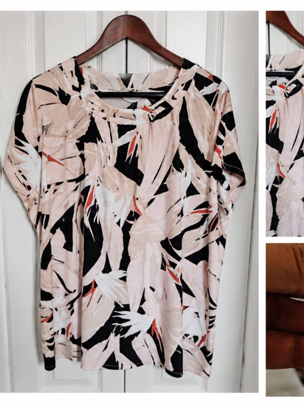 Liz Claiborne Women’s Abstract Floral Print office Top Blush Pink Black Size 1X